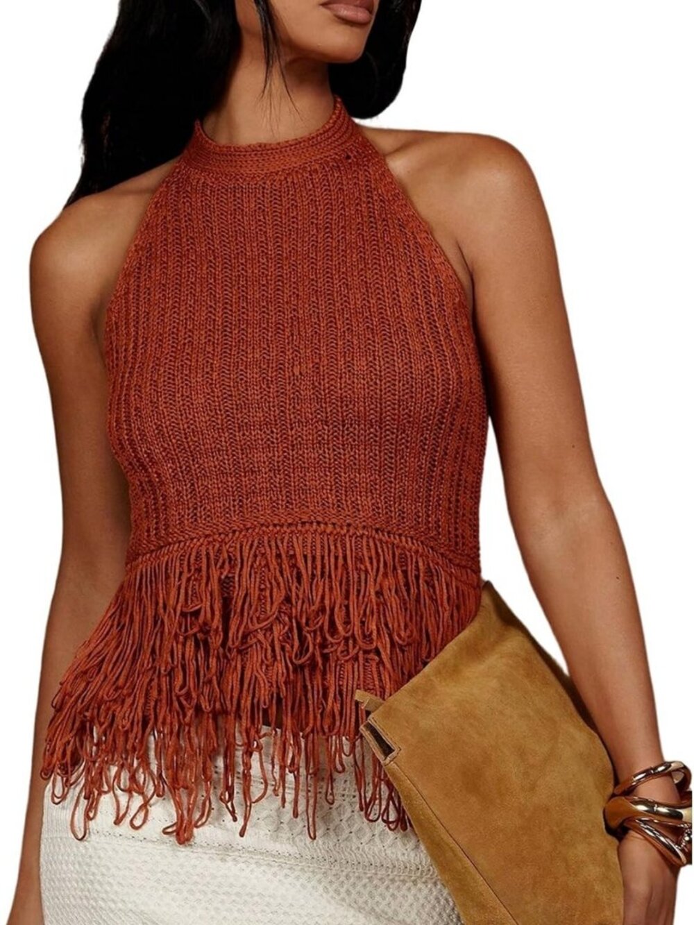 SweatyRocks Women's Boho Fringe Halter Tops Open Back Knit Crochet Tank Top